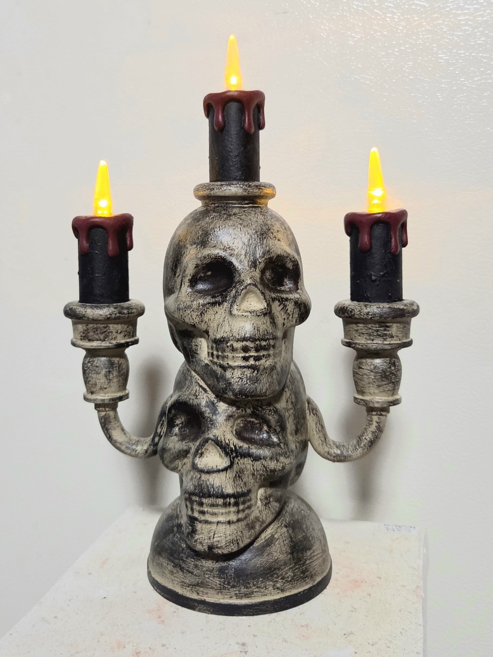 OOAK Hand-Painted Lighted Skull Candlabra Halloween Decor 9.5" Tall